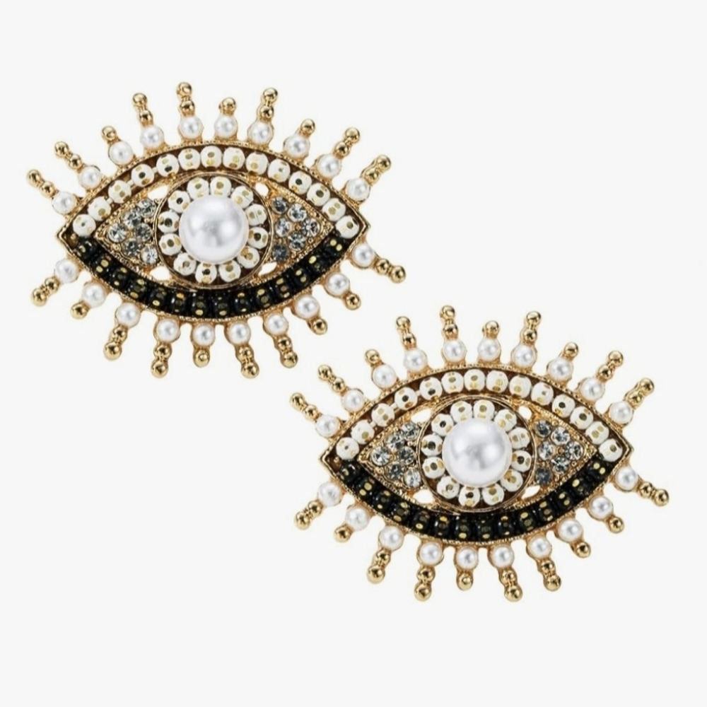 Faux Pearl & Crystal Rhinestone Evil Eye Stud Earrings